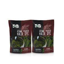 Two henna powder hair dye pouches, black maroon packets with henna leaf graphics