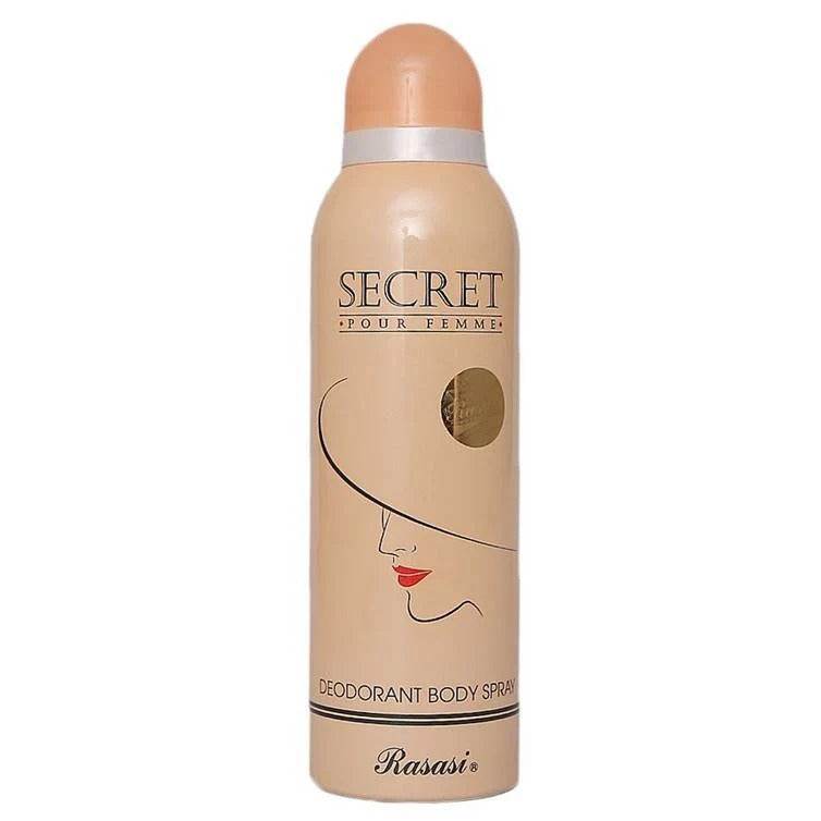 Rasasi Secret deodorant body spray bottle, tan with white cap