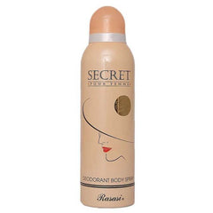 Rasasi Secret deodorant body spray bottle, tan with white cap