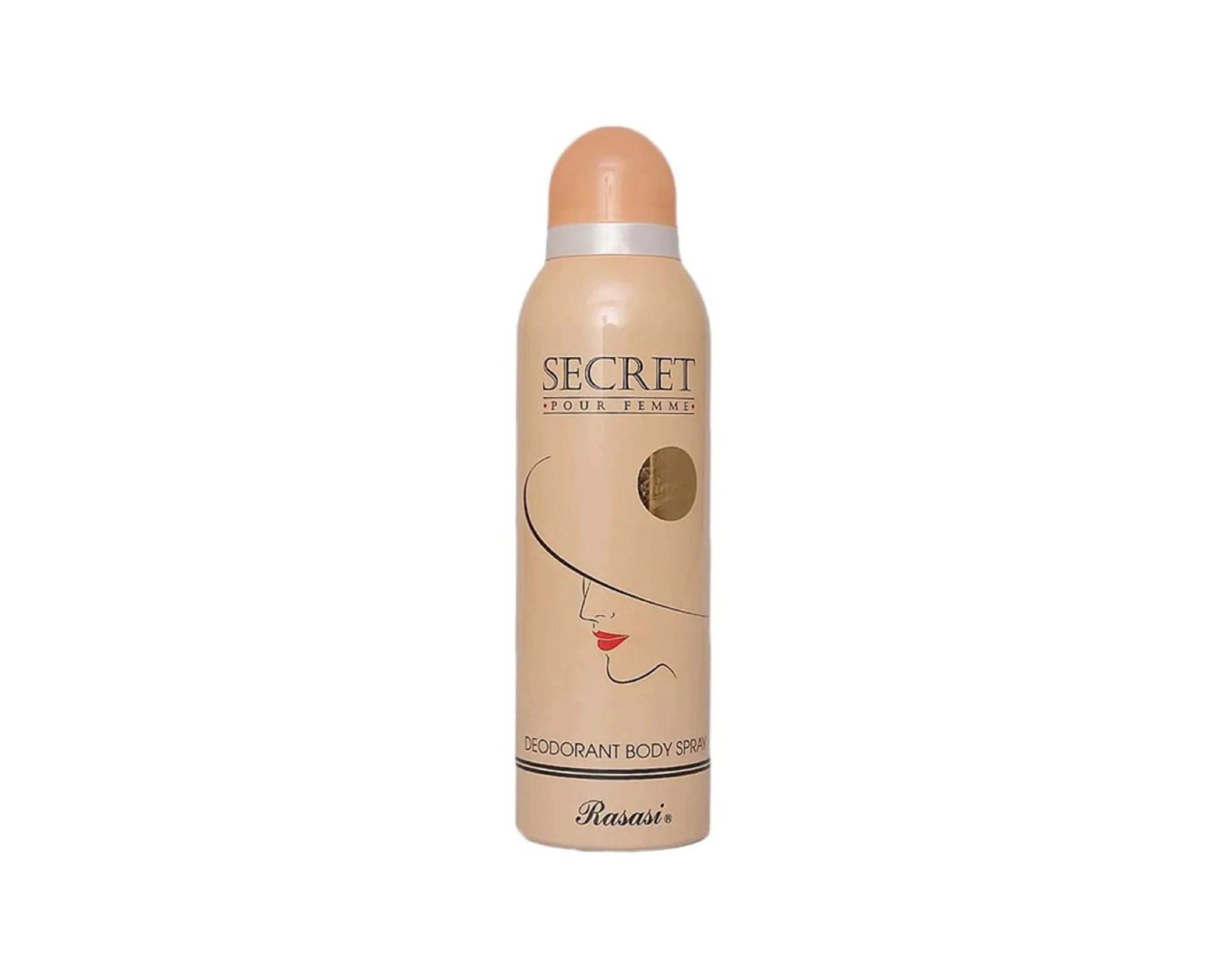Deodorant body spray bottle, tan can with white spray cap and face graphic