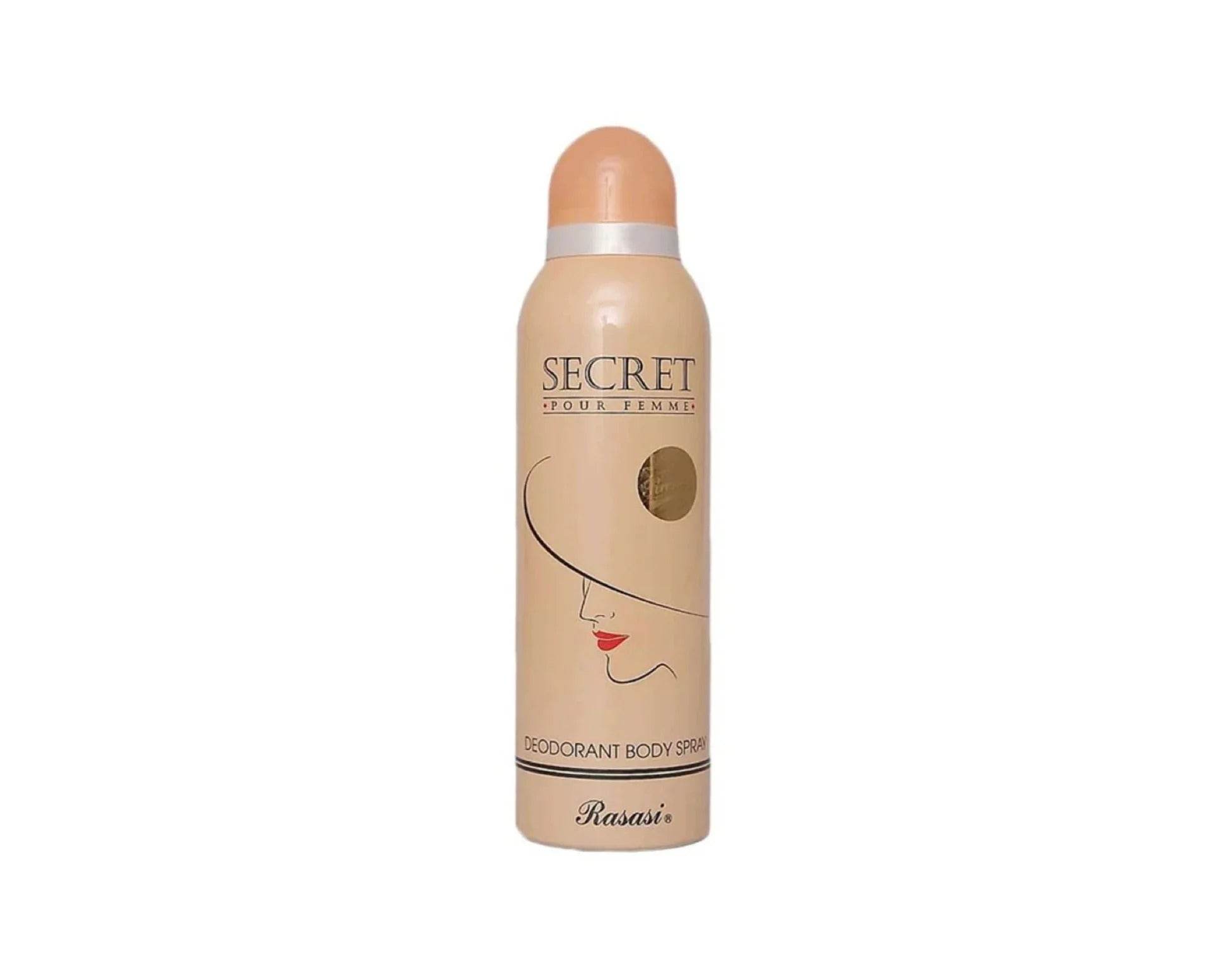 Deodorant body spray bottle, tan can with face illustration and round label