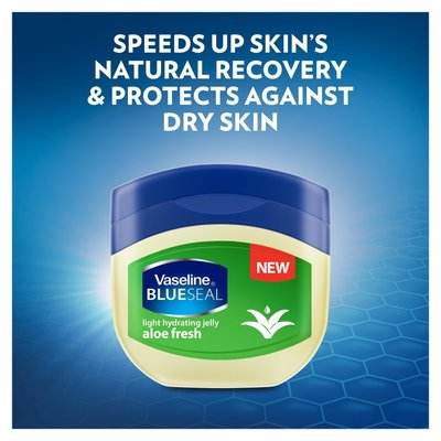 Vaseline BlueSeal aloe fresh light hydrating jelly jar shown on blue package
