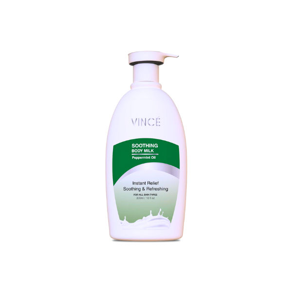 Vince Soothing Body Milk pump bottle, white bottle with green label and cap