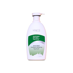 Vince Soothing Body Milk pump bottle, white bottle with green label and cap