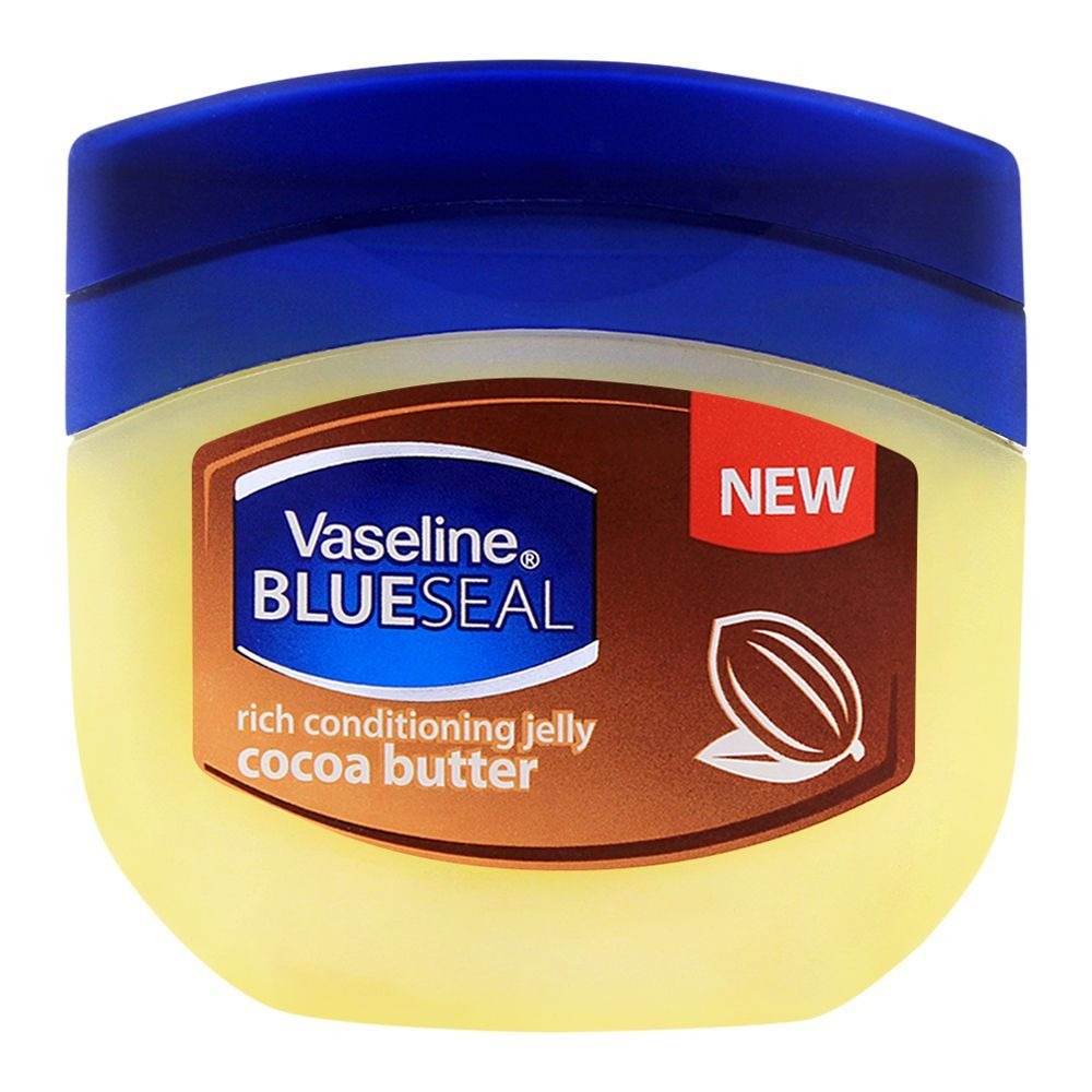 Vaseline BLUESEAL cocoa butter rich conditioning jelly jar with blue lid and label
