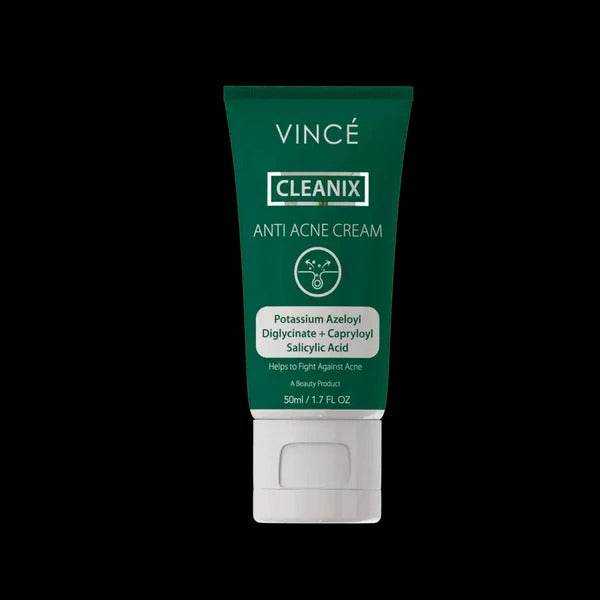 Green VINCE CLEANIX anti acne cream tube with 50 ml label and cap.