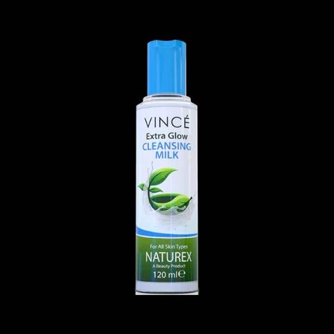 Cleansing milk bottle with blue cap and green leaf label, 120 ml