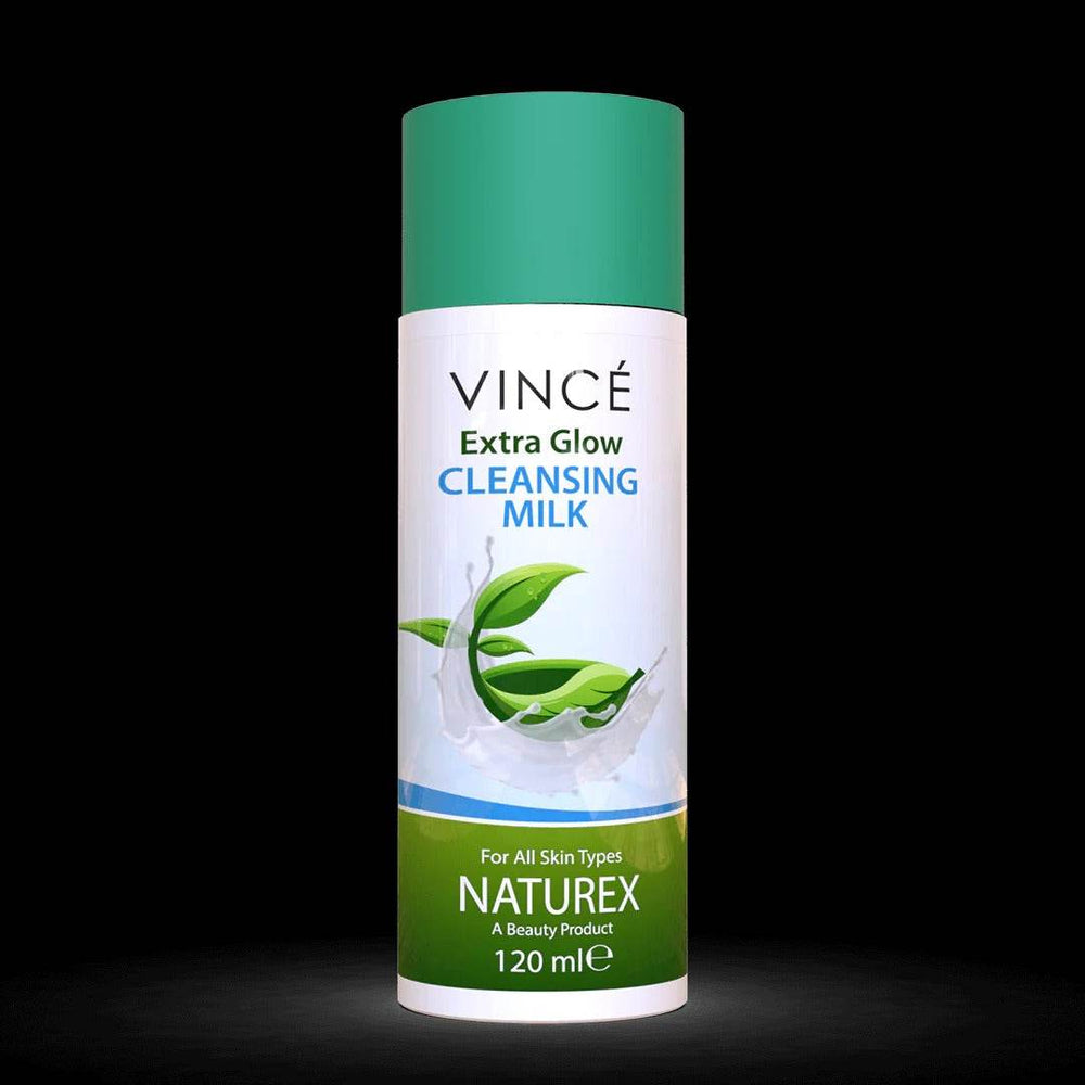 Cleansing milk bottle with blue cap and green leaf label, 120 ml