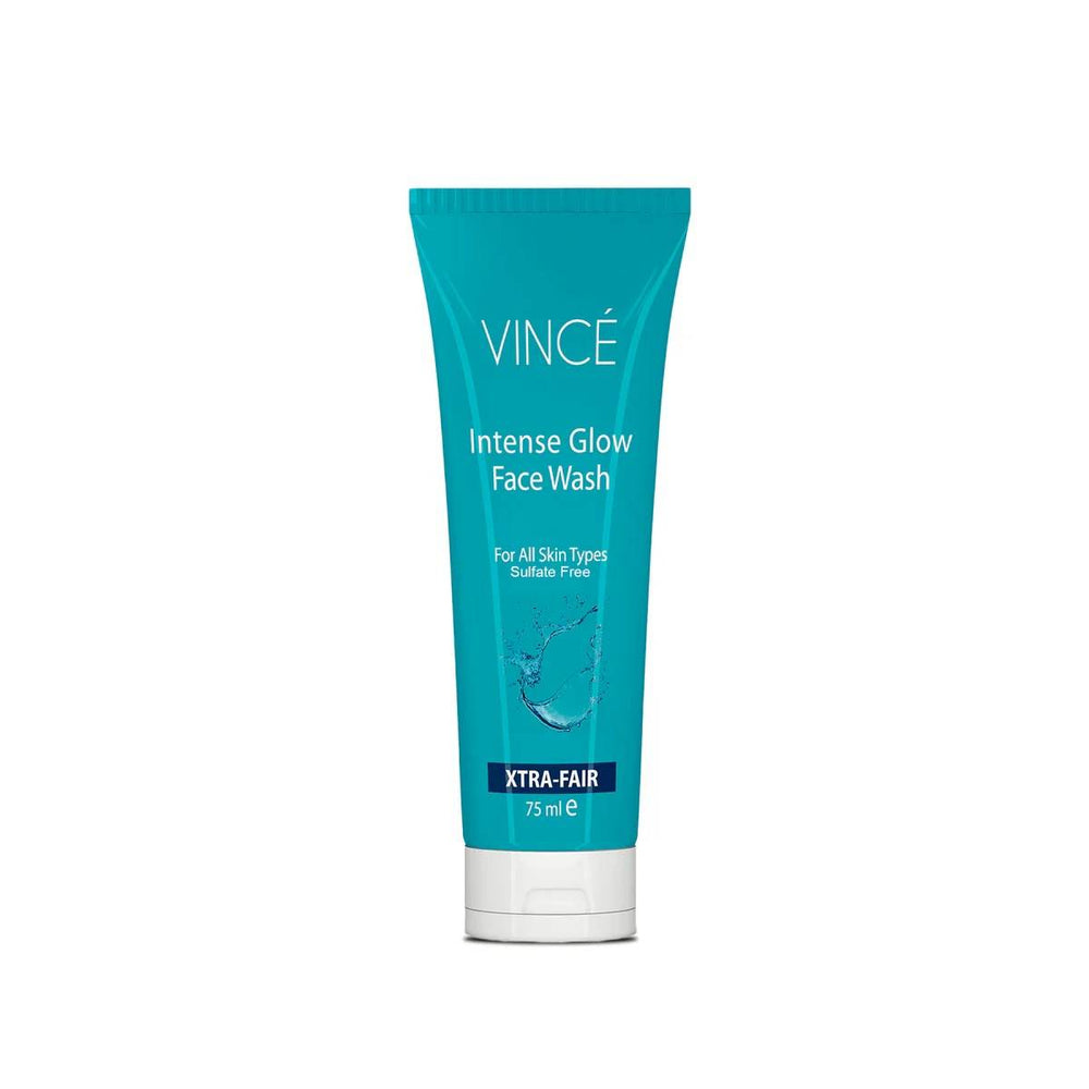 Vincé Intense Glow face wash tube, teal with white cap, 75 ml