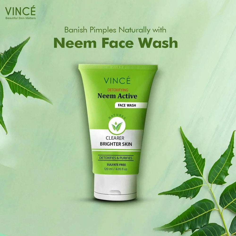 Green face wash tube labeled Neem Face Wash, cleaner bright skin