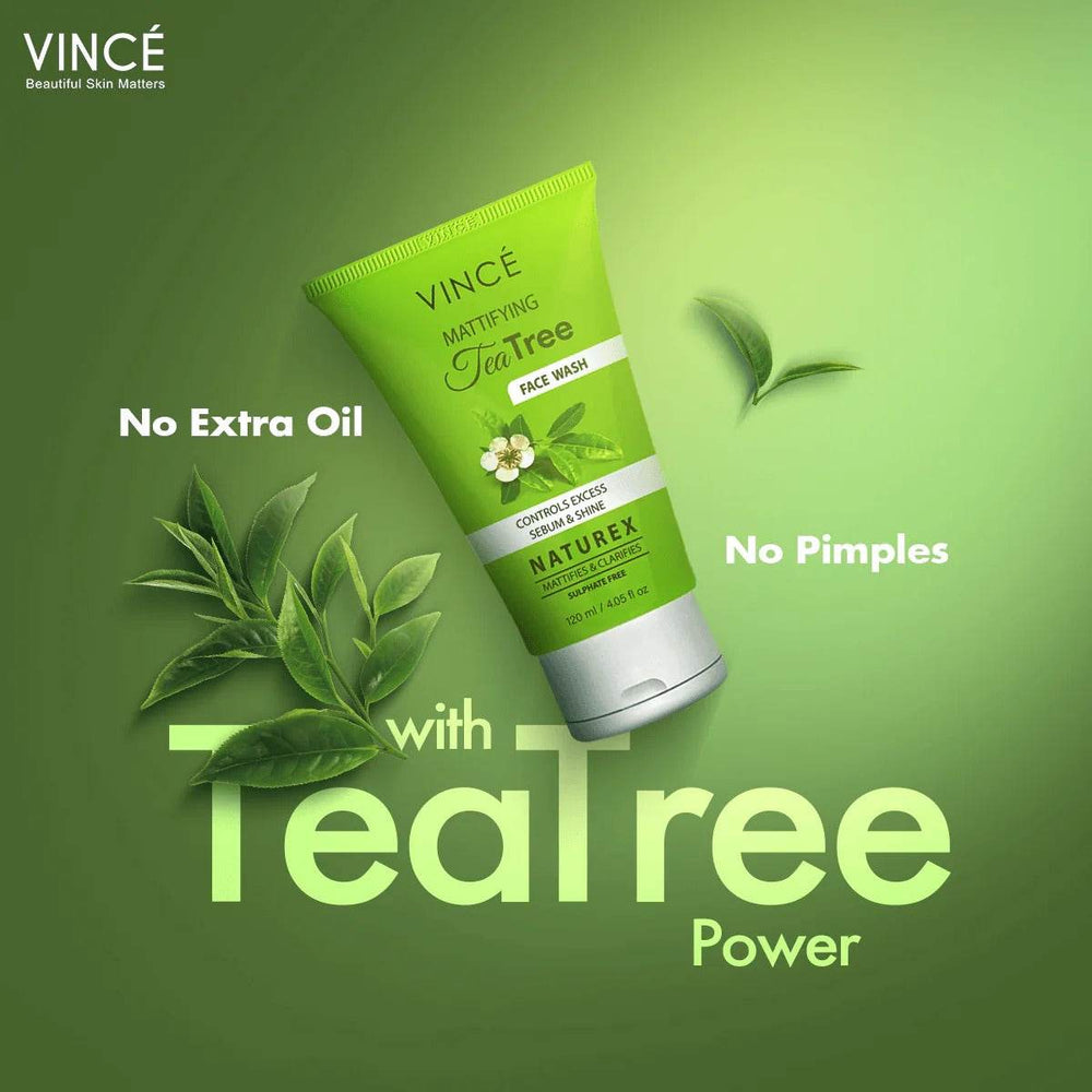 Tea tree face wash tube with leaf and flower accents