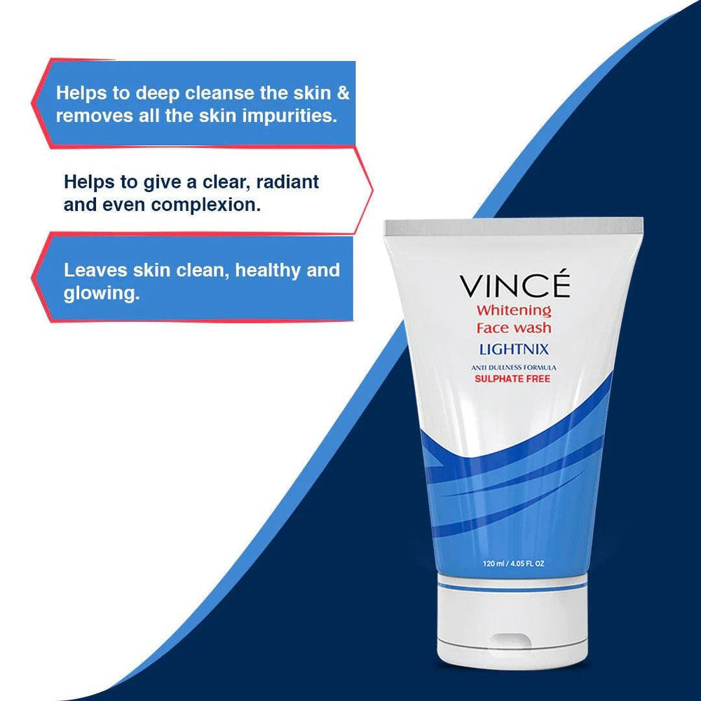 Whitening face wash tube standing, white and blue striping, 120 ml.