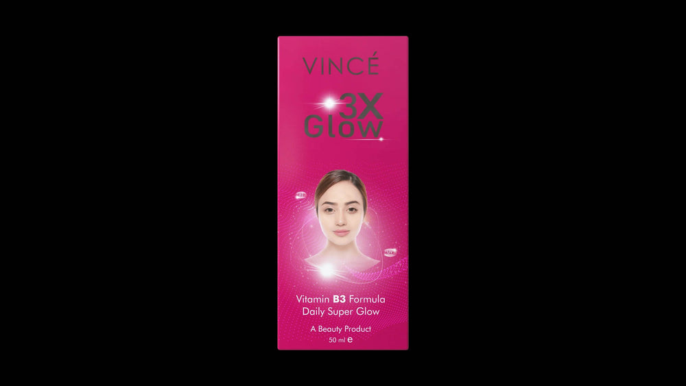 Vince 3x Glow Cream tube front, pink with 3x Glow text and model