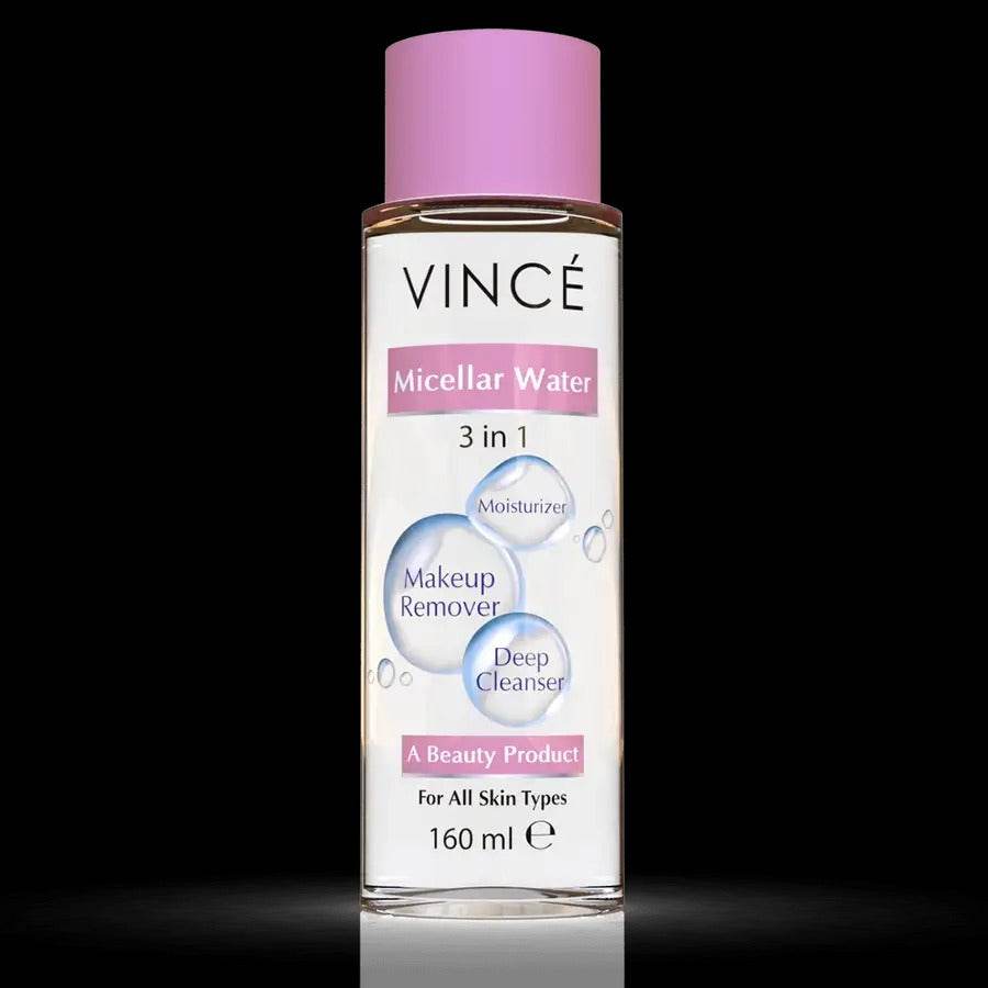 VINCÉ micellar water bottle with pink cap, front label, 3 in 1.