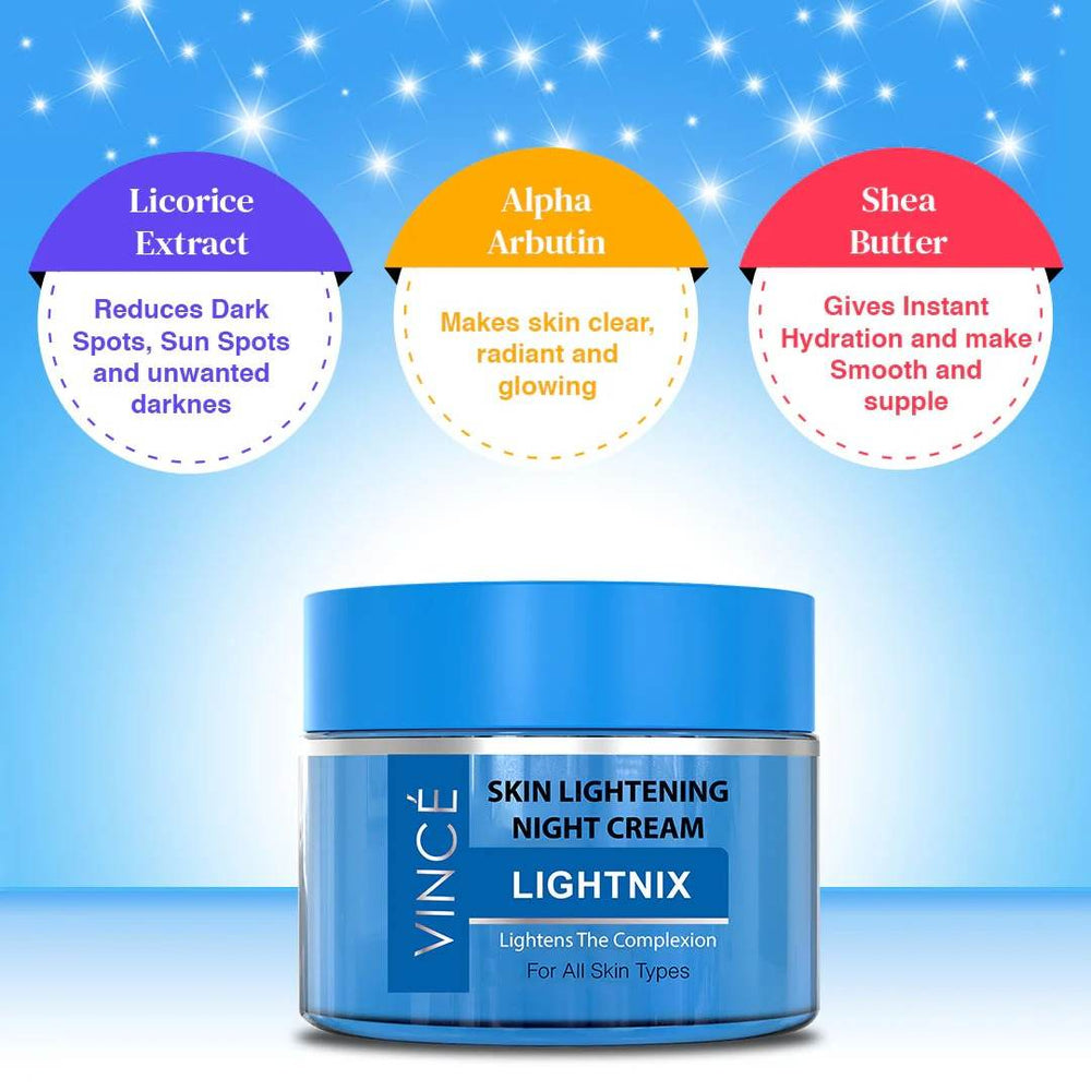 Vince skin lightening night cream jar, blue container with flat lid