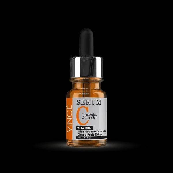 Vitamin C serum bottle with black dropper and amber glass, label centered