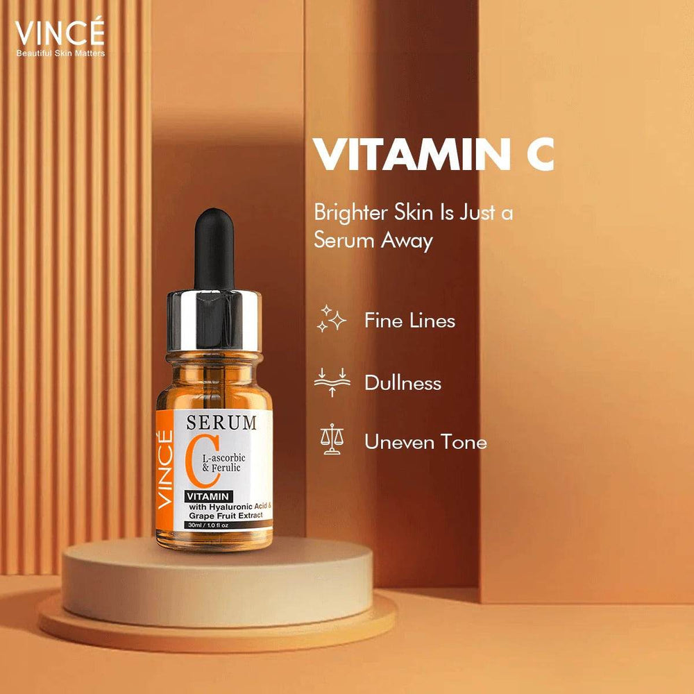 Vitamin C serum bottle with black dropper and amber glass, front label clearly visible