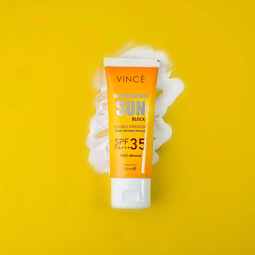 VINCE Whitening Sun Block SPF35+ sunscreen tube with white cap, 50 ml