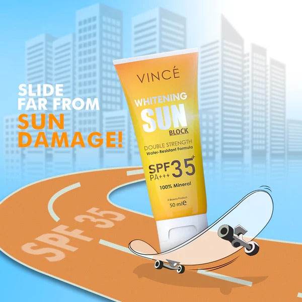 VINCE Whitening Sun Block SPF35+ sunscreen tube, front text facing up, 50 ml