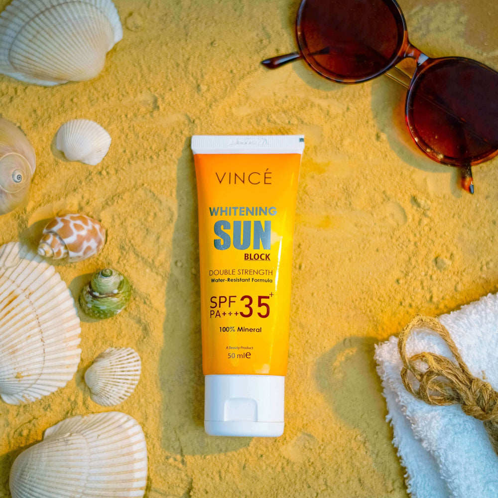 VINCE Whitening Sun Block SPF35+ sunscreen squeeze tube, front label, 50 ml