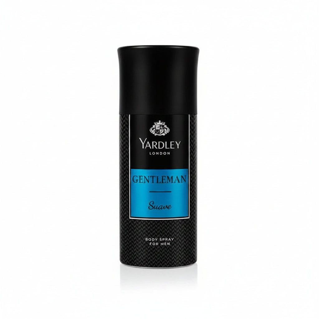 Black Yardley London body spray can with Gentlemen Suave blue label