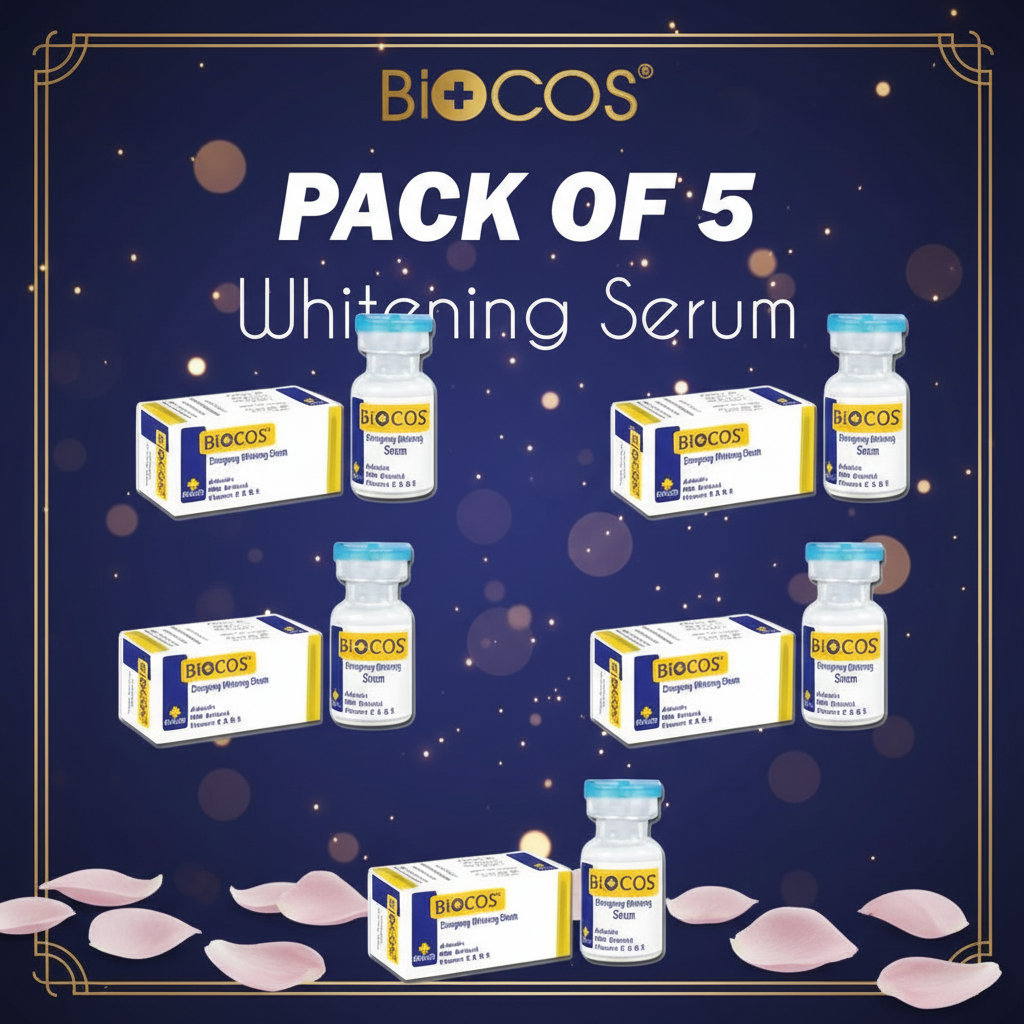 Pack of 5 Biocos whitening serum bottles and cartons