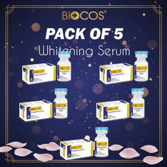 Pack of 5 Biocos whitening serum bottles and cartons